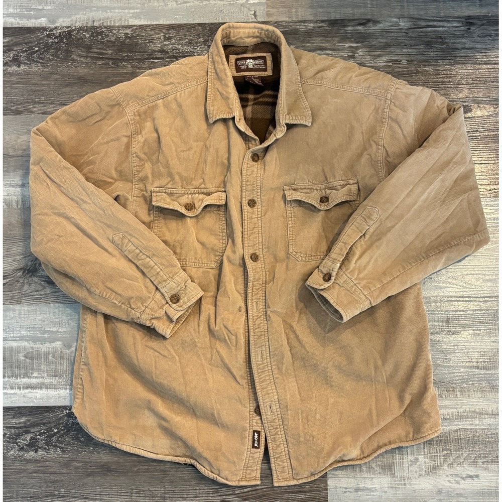 Levis Mens XL Tan Corduroy Fleece Lined Shirt Jacket Plaid Workwear Shacket